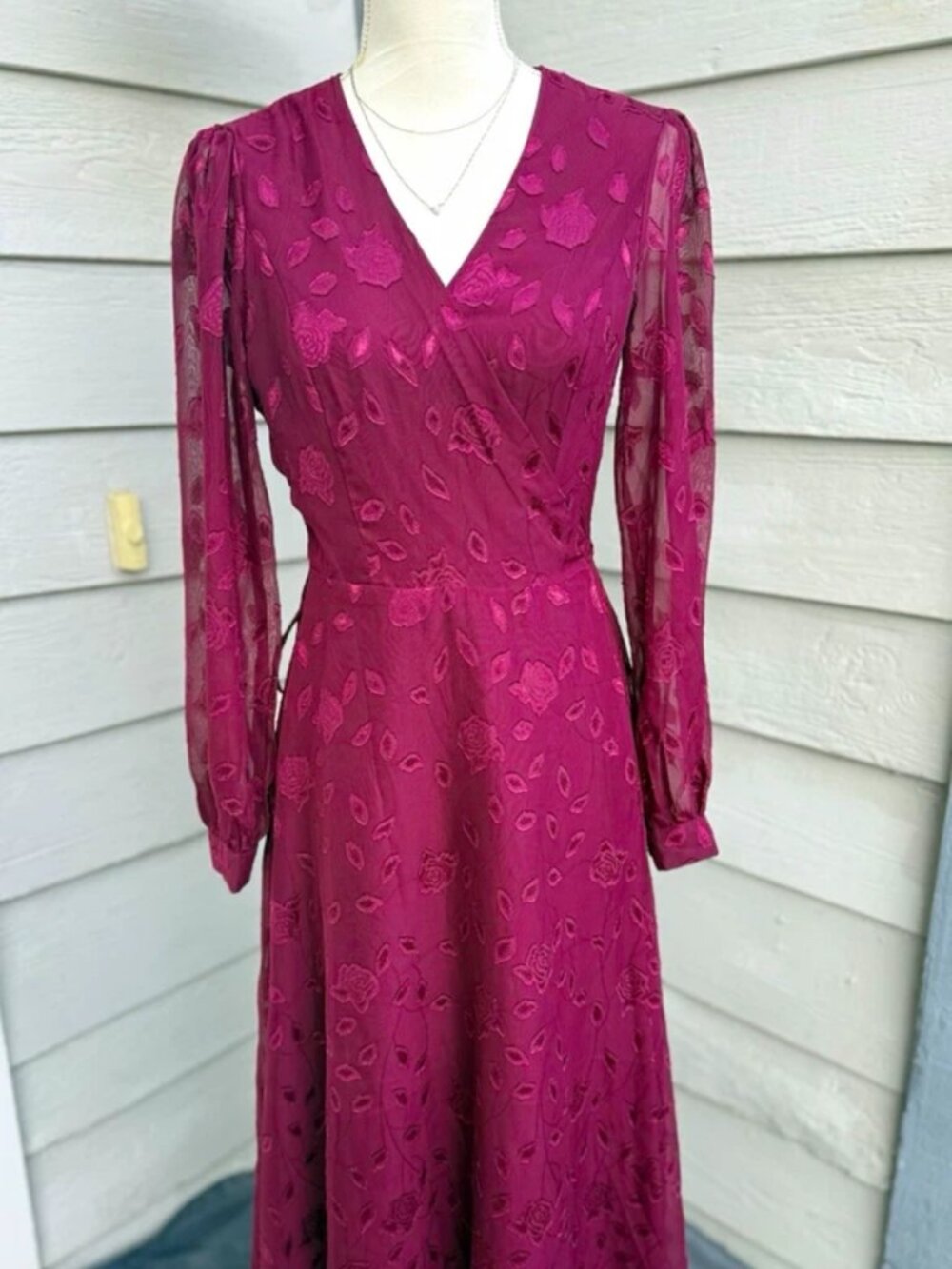 Lulus Burgundy Floral Embroidered Chiffon Wrap V-Neck Midi Dress Long Sleeve